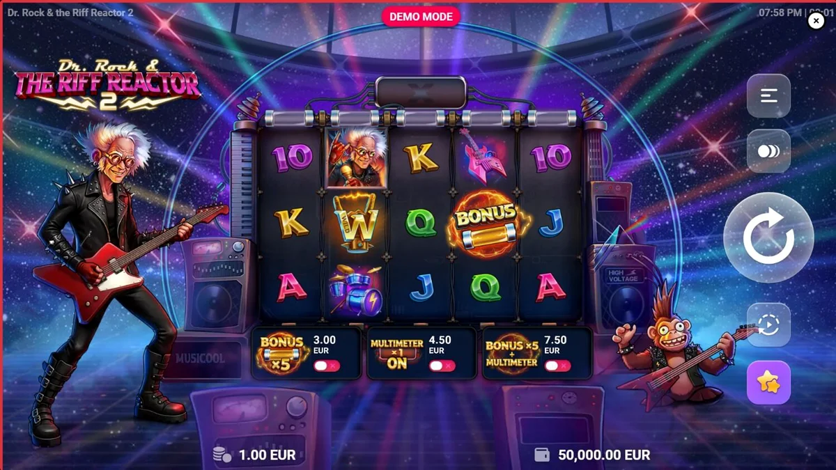 Dr. Rock & the Riff Reactor 2 slot game interface featuring neon rock concert theme