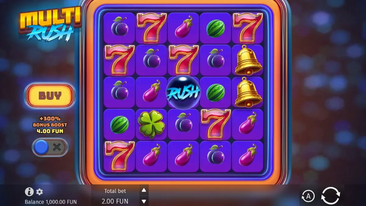 Tampilan visual slot Multi Rush dengan simbol buah neon dan grid cluster pays