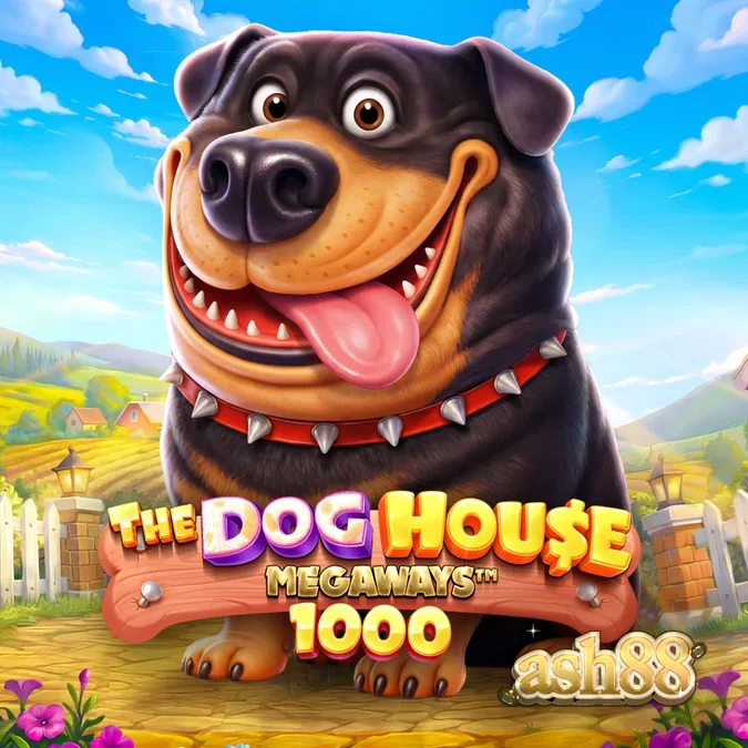 The Dog House Megaways 1000 slot game screen featuring cartoon dogs and multiplier wilds.